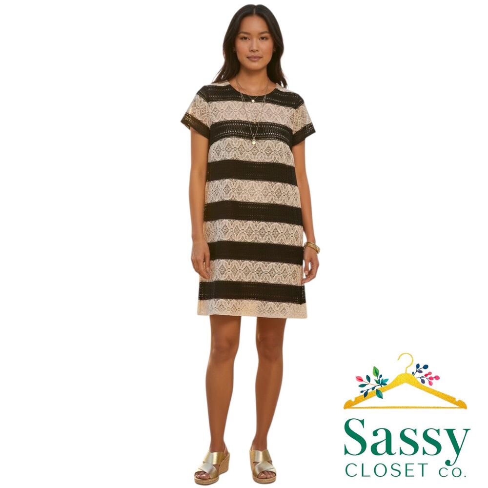 Maggy London Black Cream Lace Shift Dress 14 Cap Sleeve Crochet Gold Zip